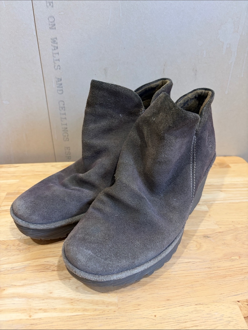 Fly London Olive Brown Wedge Ankle Booties Size 8.5